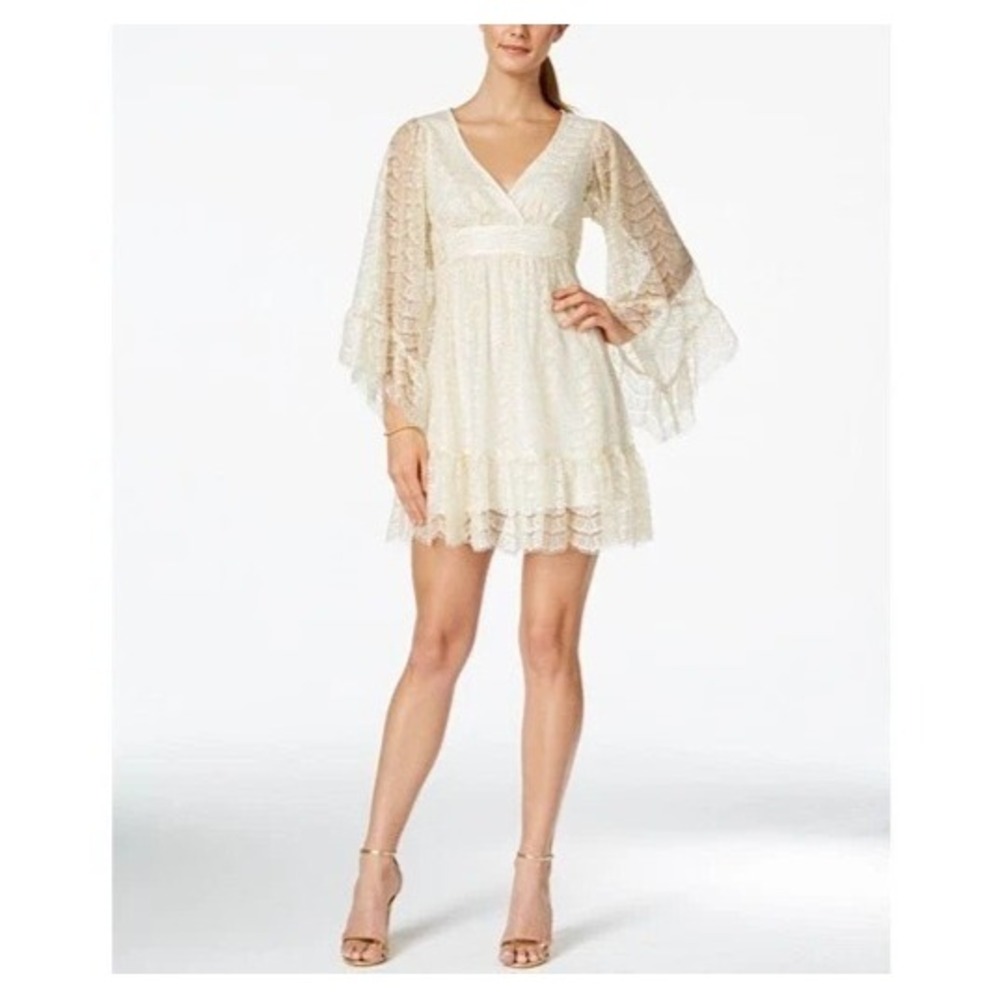 Betsey Johnson Womens Ivory & Gold Chantelle Lace Boho Flare Slv Mini Dress Sz 6